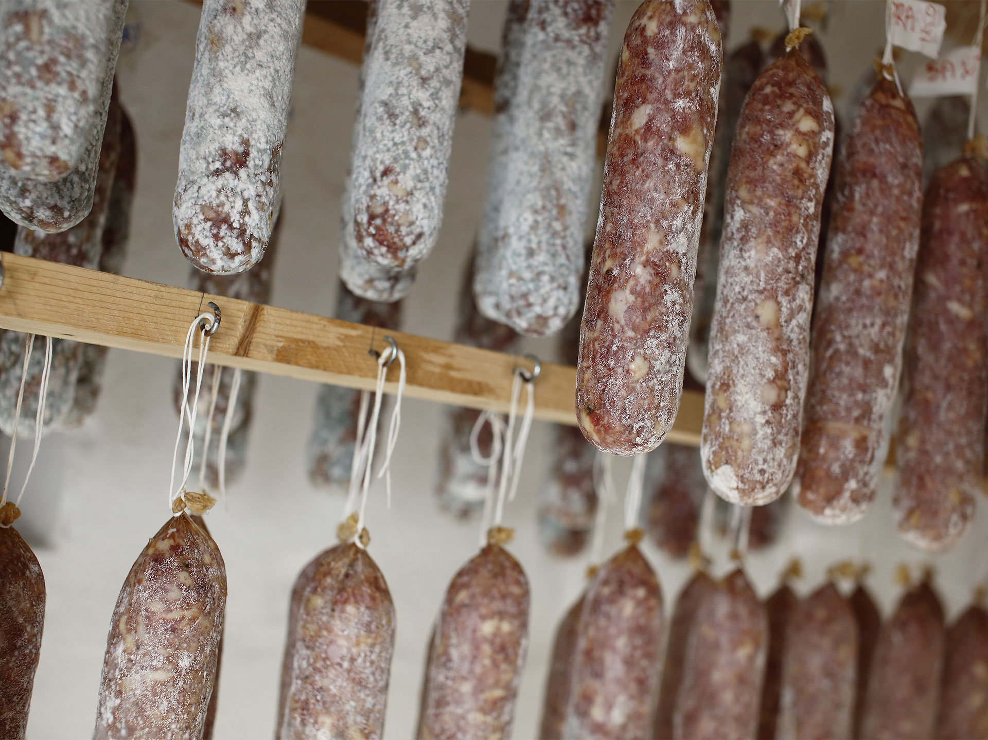 Saucissons secs artisanaux en séchage chez Le-raygal-charcuterie, savoir-faire traditionnel du Tarn